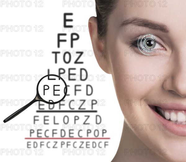 Man with glasses on eyesight test isolated on white background