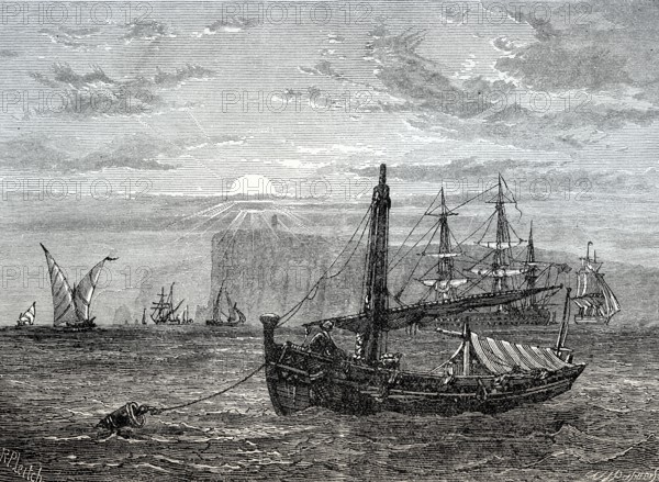 Historical view of Cape Trafalgar, Province of Cádiz, Spain, 18th century, From British Battles on Land and Sea by James Grant, Europe
