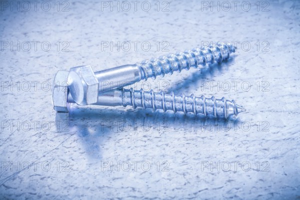 Pair of threaded screw bolts on metallic background construction concept