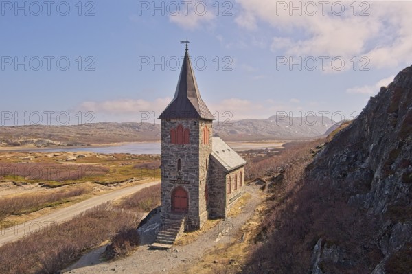 Kong Oscar II Chapel (capel) in sunny spring weather near the Russian border, Grense Jakobselv, Norway, Europe