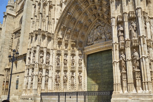 Seville cathedral facade in Constitucion avenue of Sevilla Andalusia Spain
