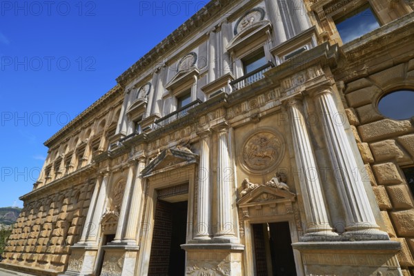 Alhambra of Granada Carlos V facade in Andalusia Spain