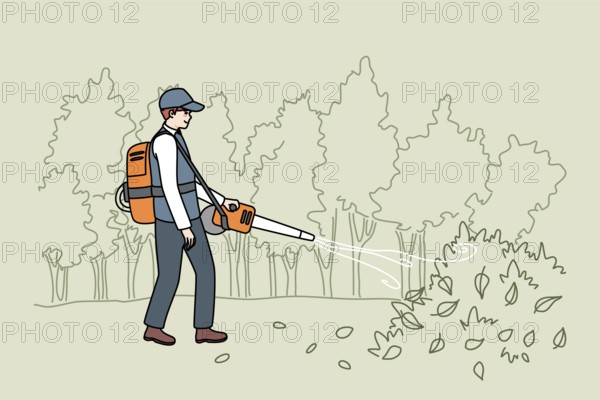 Male gardener in uniform collection leaves with handy vacuum. Man handyman working outdoors in autumn cleaning ground in garden on backyard. Flat illustration