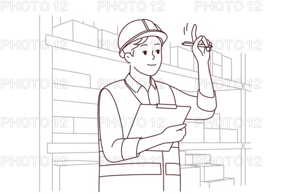 Man in uniform and helmet working in warehouse. Smiling male engineer or mechanic at storehouse or depot. Occupation and profession. Vector illustration