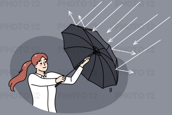 Successful businesswoman use umbrella protect from rain. Concept of investment and profit. Stock exchange and banking stability. Finances and money income. Flat illustration