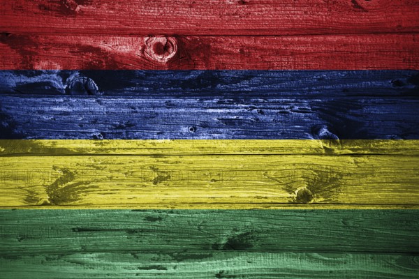 Mauritius flag on wooden planks background wood flag