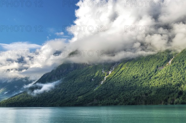 Beautiful landscape at the glacier lake in Loen in Norway during summer time
