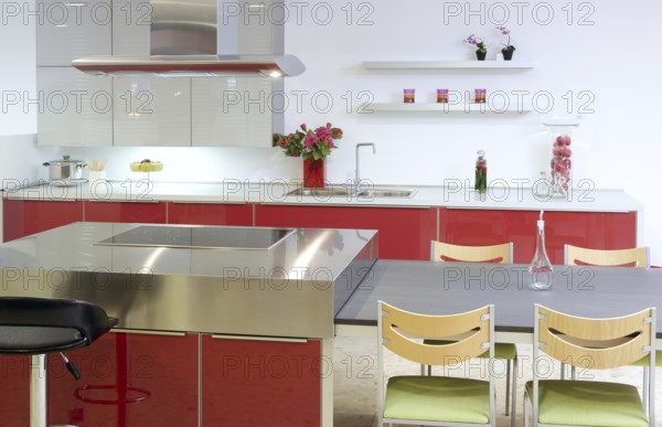 Red island kitchen silver modern interior house architecture
