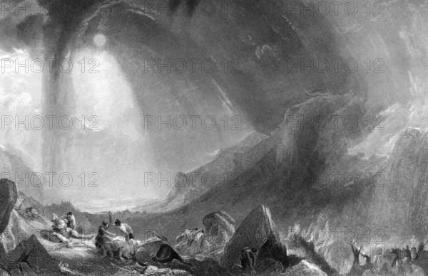 Hannibal crossing the Alps during the Second Punic War (218-202 BC) on engraving from 1862. Engraved by J.Cousen after a picture by J.M.W.Turner
