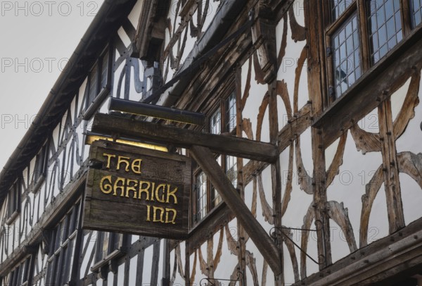 Beautiful old half-timbered houses like this one adorn the town center of Stratford upon Aven in Warwickshire, England, United Kingdom, Europe
