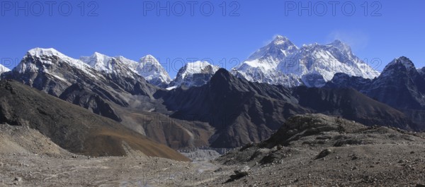 Mount Everest and other high mountains seen from below Renjo Pass, Nepal, Asia