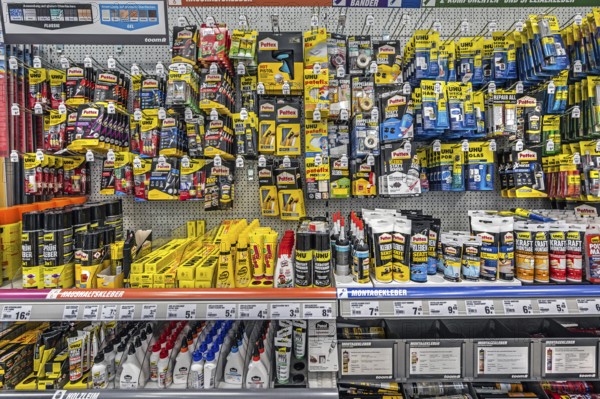 Household and speciality adhesives in DIY stores, Allgäu, Bavaria, Germany, Europe