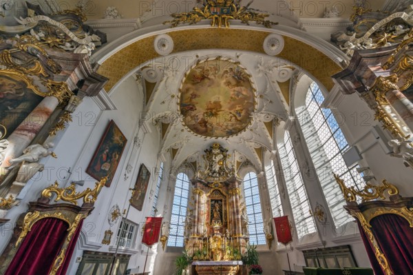 Main altar and ceiling fresco, St George and Florian is a listed Catholic parish church in Reicholzried, Allgäu, Bavaria, Germany, Europe