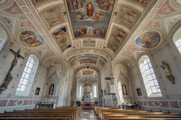 Main altar and ceiling frescoes, St. Blasius Catholic Parish Church in Dietmannsried, Allgäu, Bavaria, Germany, Europe