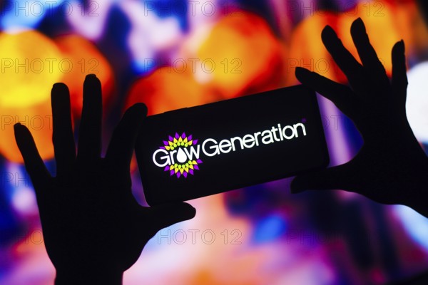 In this photo illustration, the GrowGeneration logo is displayed on a smartphone mobile screen