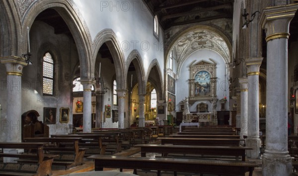 Italy Venice Church of San Giovanni in Bragora -265 Interior to the altar Contemporary architecture from 1475 Open roof truss - Baptistery of Antonio Vivaldi