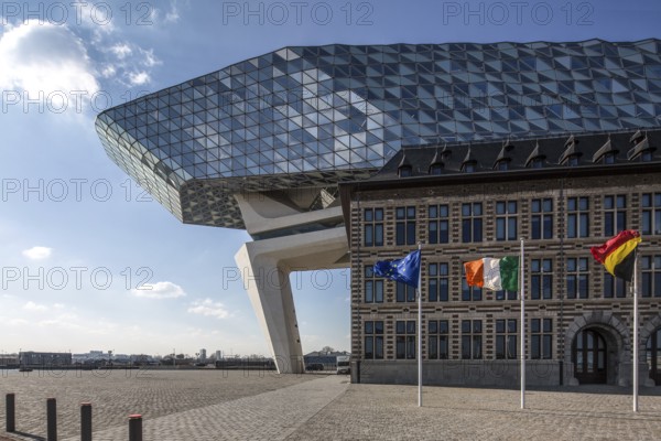Antwerp, Port House. Port House former fire brigade barracks today harbour administration extension 2012-16 by Zaha Hadid View from east