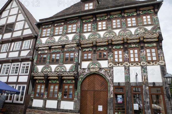 Half-timbered house, Weser Renaissance style, Hoexter, Weser Uplands, North Rhine-Westphalia, Germany, Europe, Fachwerkhaus, Weserrenaissance, Höxter, Weserbergland, Nordrhein-Westfalen, Deutschland, Europe, Europa, Europe