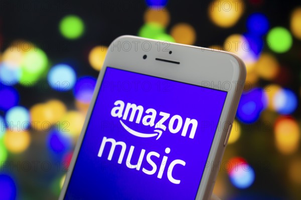 Calgary, Alberta. Canada May 22, 2020. An iPhone Plus with a Amazon Music logo on the screen