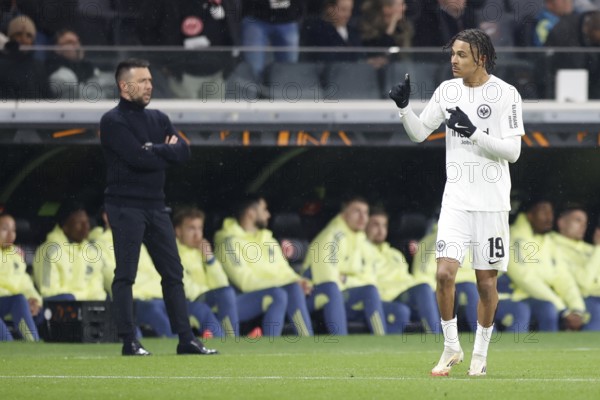 Football, Europa League, Round of 16 second leg, 2024/2025, Eintracht Frankfurt vs. Ajax Amsterdam, 13/03/2025, Frankfurt Stadion, Frankfurt, Germany, Jean-Matteo BAHOYA (Eintracht Frankfurt, 19) thumbs up after his 1-0 goal, Europe