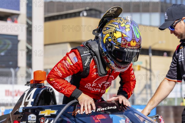INDYCAR driver, SANTINO FERRUCCI (14) of Woodbury, Connecticut, prepares to practice for the Chevrolet Detroit Grand Prix at the Streets of Downtown Detroit in Detroit MI, USA, North America