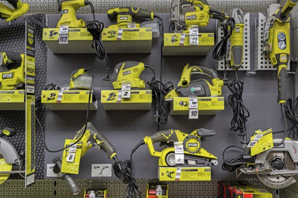 RYOBI cordless tools, grinders, drills, saws in a DIY store, Allgäu, Swabia, Bavaria, Germany, Europe