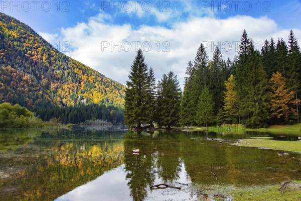 Midday in a mountain valley. Picturesque shallow lake Fuzine of glacial origin. The lake shores are flooded. Wonderful warm autumn day