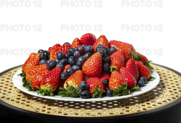 Three kinds of fresh berries on a white plate, on white background