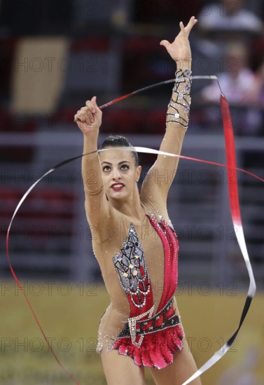 Sofia, Bulgaria - 14 September, 2018: Linoy ASHRAM from Israel performs with ribbon during The 2018 Rhythmic Gymnastics World Championships. Individual tournament