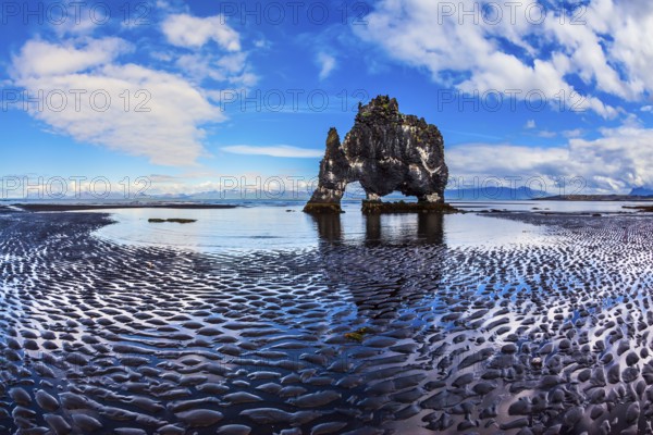 The north coast of Iceland. Ocean tide at sunset. Rock Hvitserkur on the sea beach in the form of a huge elephant. The concept of extreme northern tourism