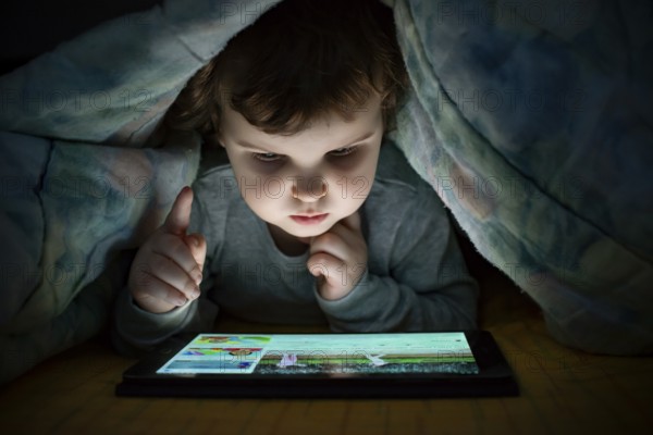 Little girl watching her tablet in the bed. Illuminated child face from device screen. Child dressed with pajamas under the covers hold a tablet. Night time