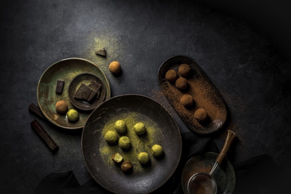 Overhead big plate with green truffle Matcha and plate with brown truffles balls with powder and strainer and chocolate pieces