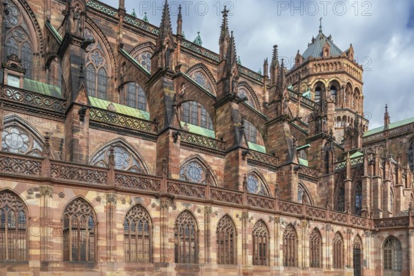 Strasbourg Cathedral also known as Strasbourg Minster, is a Gothic Roman Catholic cathedral in Strasbourg, Alsace, France. View from the south