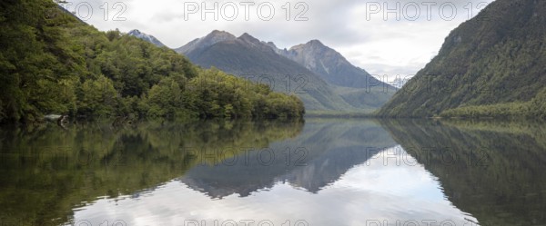 Tranquil lake Gunn in Fiordland National Park, landscape reflecting on the water surface, South Island of New Zealand