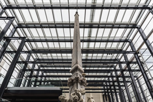 Ljubljana, Slovenia, 04 07 2018: Fountain, column and glass and steel construction at the National Gallery of Slovenia, Europe