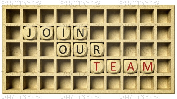 3d rendering of a wooden grid with cubes and the message join our team