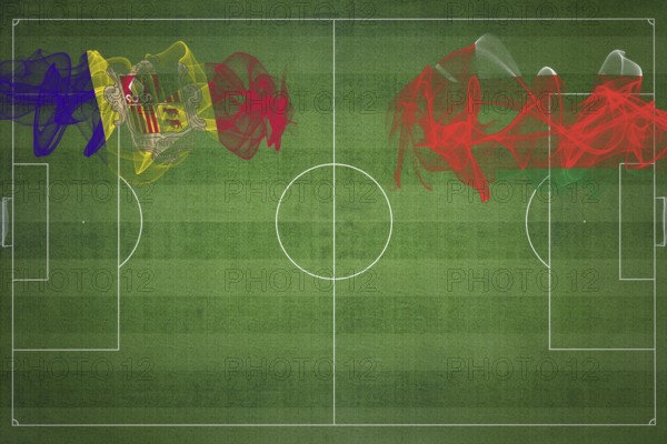Andorra vs Oman Soccer Match, national colors, national flags, soccer field, football game, Competition concept, Copy space