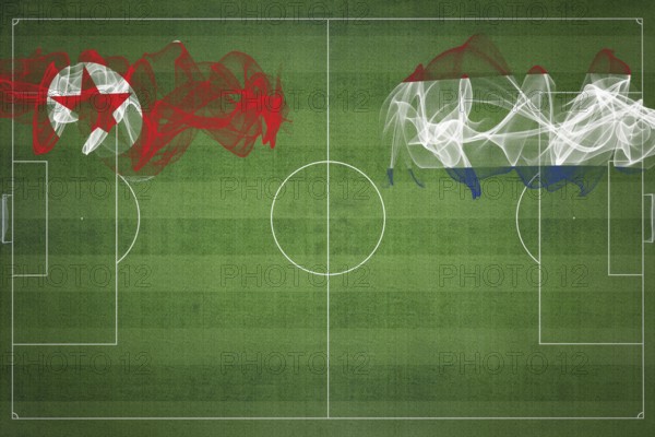North Korea vs Netherlands Soccer Match, national colors, national flags, soccer field, football game, Competition concept, Copy space