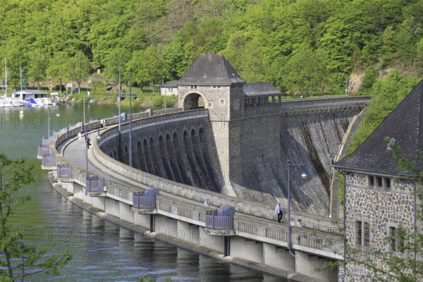 Edersee, Edertalsperre in spring people on the dam, blue water, green nature, Hesse, Edertal, Waldeck, Germany, Europe