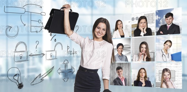 Collage of people from different professions squared blocks with business concept and businesswoman in the center