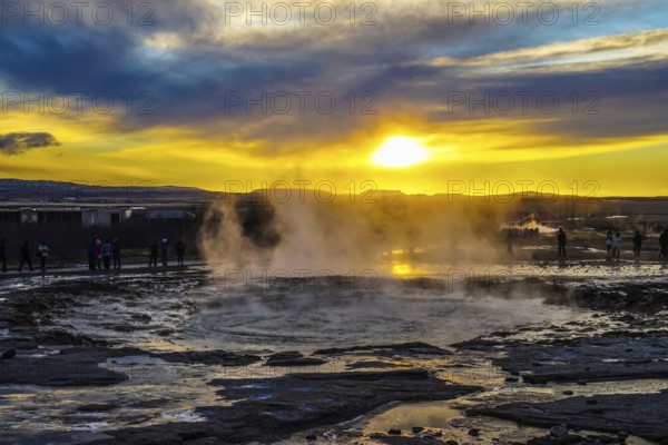 Geysir geyser and sunrise Iceland. Shooting Location: Iceland, Reykjavik