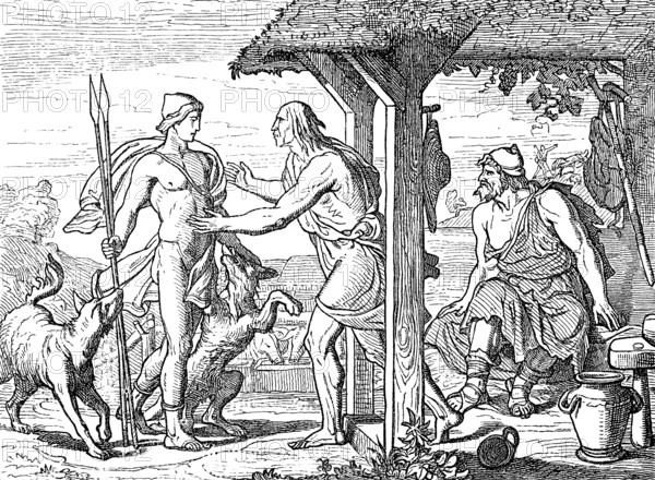 Odysseus sits by the fire as Eumaeus discovers Telemachus at the entrance of his hut, Homer's Odyssey