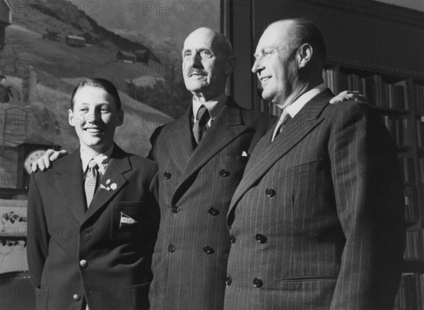 Norwegian royalty. Crown prince Harald with his father Olav V with king Haakon in the middle on may 7 1950. Three generations