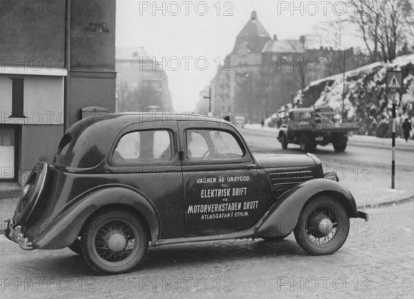 Electric car in the 1930s. An electric powered Ford car with information on the side that it's been converted into electric by the workshop Drott. 1935