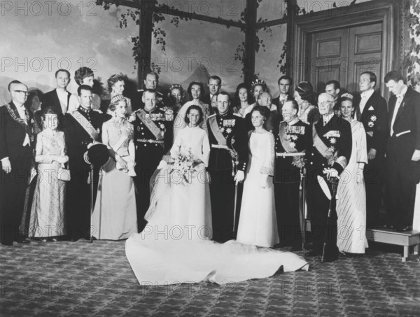 King Harald of Norway. Pictured when being crown prince with his wife Sonja at their wedding in Oslo domkyrka on august 29 1968. Harald V of Norway and Sonja of Norway's wedding 29 August 1968. First row from left: Finnish President Kekkonen with his wife, King Baudouin, Queen Ingrid and King Frederik of Denmark, Crown Princess Sonja and Crown Prince Harald, Mrs. Dagny Haraldsen, King Olav V and King Gustav V Adolf of Sweden. Second row f.v., Princess Anne of Denmark, Iceland's President Eldjarn and wife, Princess Margaretha, Erling Lorentzen, Princess Ragnhild Mrs. Lorentzen, Princess Astrid Mrs. Ferner, Johan Martin Ferner, Irmelin Riddervold (forlover), Countess Ruth of Rosenborg, Prince Carl Bernadotte of Sweden, Prince Henrik of Denmark, Countess Charles Ullens De Schooten, Grand Duchess Charlotte of Luxembourg, Grand Duke Jean of Luxembourg, Princess Margarethe of Denmark, Prince Claus of the Netherlands and Count De Schooten