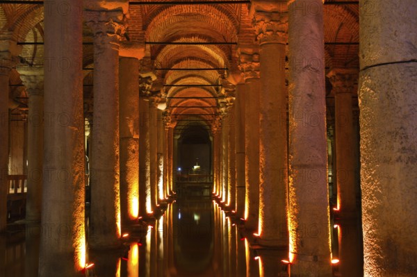Illuminated cistern of the sunken palace basilica, Istanbul, Turkey Istanbul, Turkey, Asia