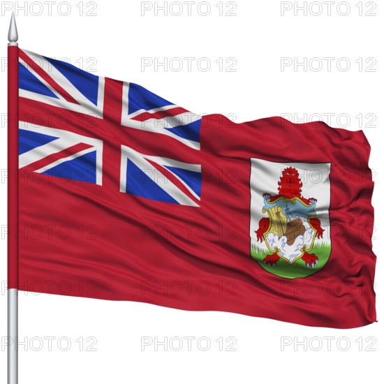 Bermuda Flag on Flagpole, Flying in the Wind, Isolated on White Background