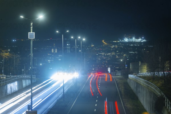 Well-developed traffic junction Bergstrasse B170 with access to the A17 motorway. Dresden lies in the valley and the Inifineon construction site shines on the horizon, Dresden, Saxony, Germany, Europe