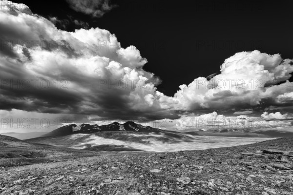 Rain shower over the Acre Massif, Stora Sjöfallet National Park, World Heritage Laponia, Norrbotten, Lapland, Sweden, July 2013, Europe