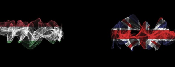 Flags of Hungary and United Kingdom on Black background, Hungary vs United Kingdom Smoke Flags